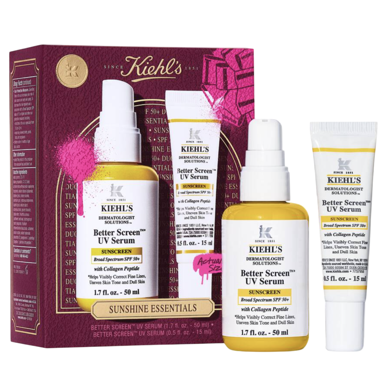 Kiehl's Better Screen UV Serum set includes a 1.7 fl. oz. and a 0.5 fl. oz. tube of sunscreen with Collagen Peptide, offering broad spectrum SPF 50+ protection.