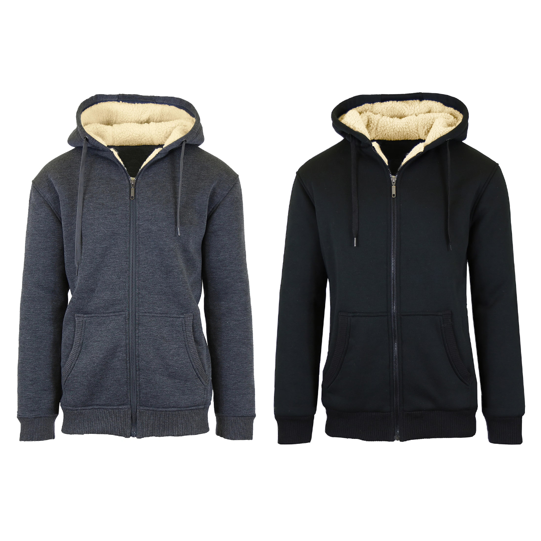 Two hooded zip-up jackets with faux shearling lining, one in dark gray and the other in black, featuring front pockets and drawstrings.