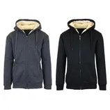 Two hooded zip-up jackets with faux shearling lining, one in dark gray and the other in black, featuring front pockets and drawstrings.