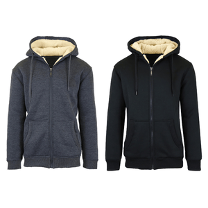 Two hooded zip-up jackets with faux shearling lining, one in dark gray and the other in black, featuring front pockets and drawstrings.