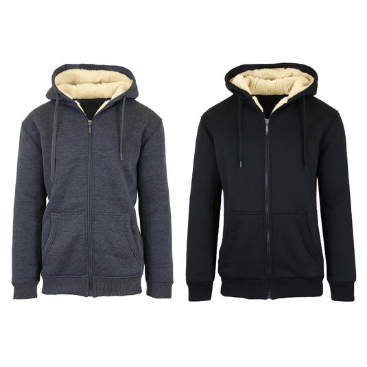 Two hooded zip-up jackets with faux shearling lining, one in dark gray and the other in black, featuring front pockets and drawstrings.