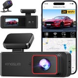 Kingslim E2 Pro dash cam with 2K WiFi, dual lens, and smartphone app connectivity, including a rear camera and GPS mapping display.