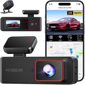 Kingslim E2 Pro dash cam with 2K WiFi, dual lens, and smartphone app connectivity, including a rear camera and GPS mapping display.