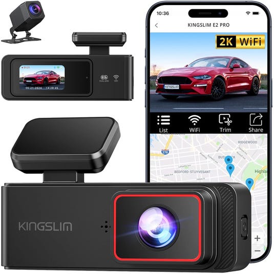 Kingslim E2 Pro dash cam with 2K WiFi, dual lens, and smartphone app connectivity, including a rear camera and GPS mapping display.