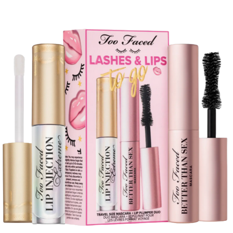 Too Faced \“Lashes & Lips to Go\“ set includes a Lip Injection Extreme gloss and a travel-size Better Than Sex Mascara. Packaging features pink graphics with lips and lashes design.