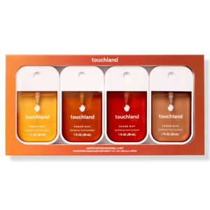 Touchland hydrating hand sanitizer Power Mist limited edition seasonal 4-set includes four 1 fl oz (30 ml) bottles in various colors.