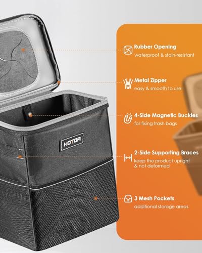 A car trash can with a rubber opening, metal zipper, four-side magnetic buckles, two-side supporting braces, and three mesh pockets.