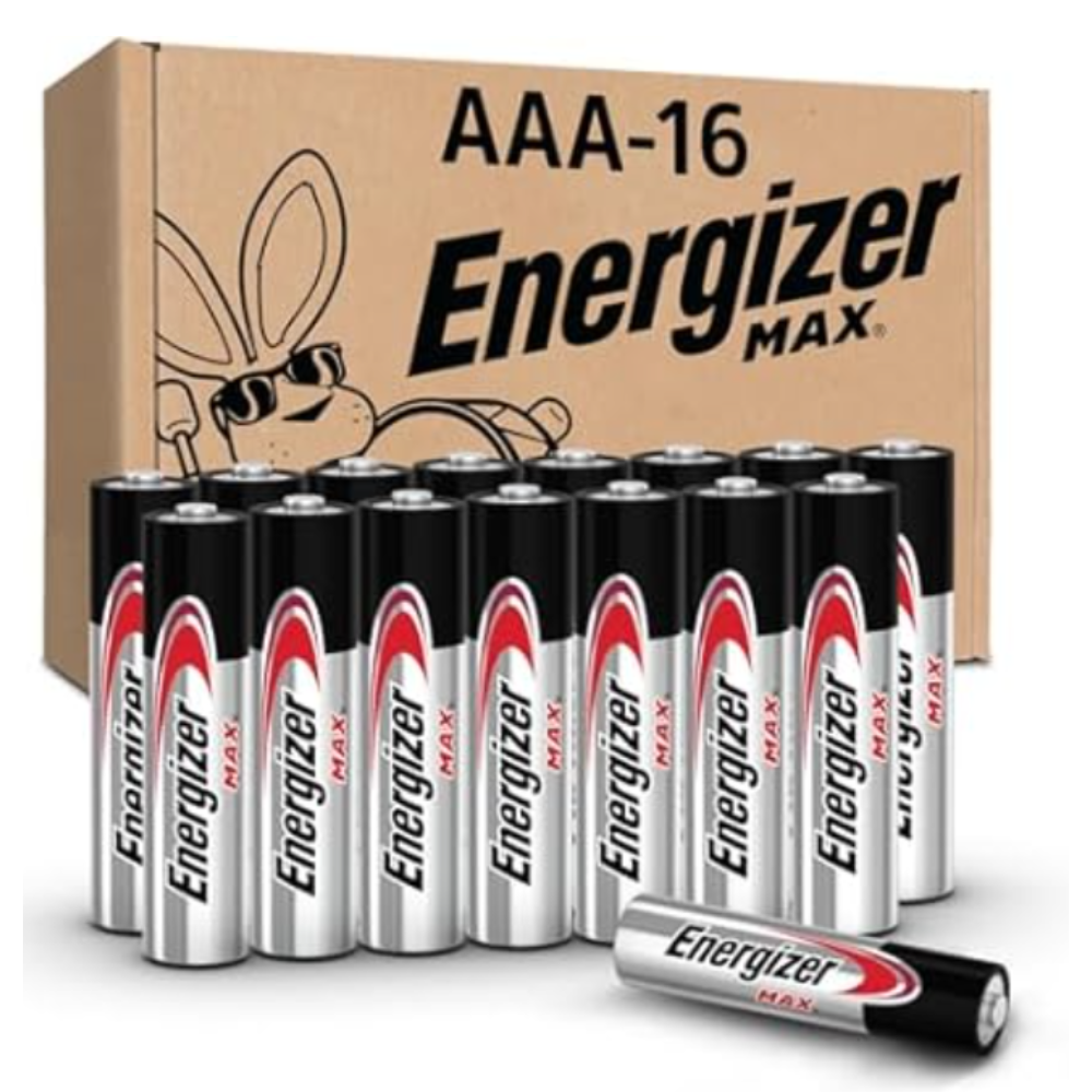 Energizer Max AAA batteries, pack of 16, with packaging featuring a cartoon bunny.