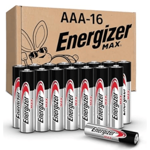 Energizer Max AAA batteries, pack of 16, with packaging featuring a cartoon bunny.