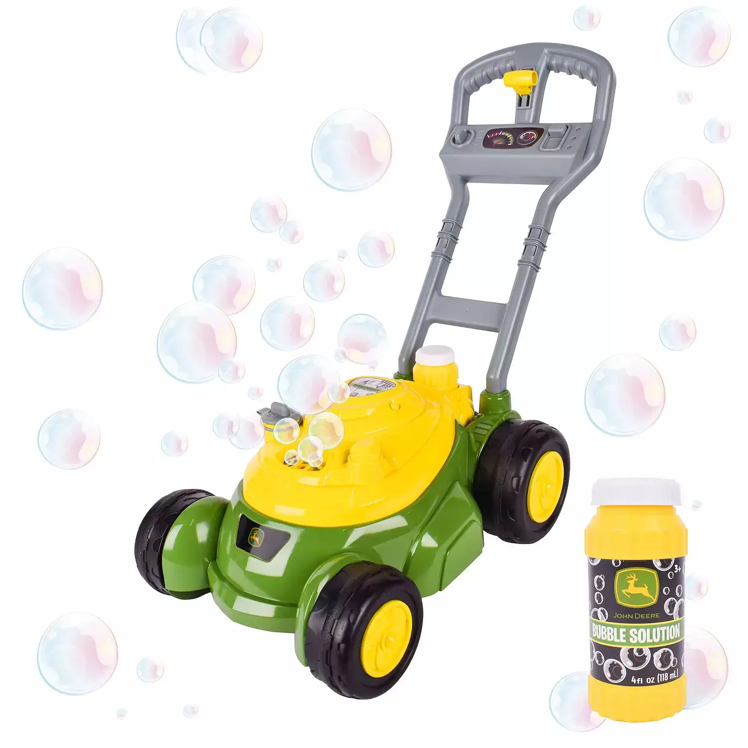 A green and yellow toy lawn mower designed to blow bubbles, featuring a handle with two control panel dials and a yellow pull cord. Accompanied by a 4 oz bottle of bubble solution.