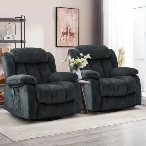 Two plush, dark gray recliners with padded armrests and a side pocket, placed in a living room setting with a small table between them and a deer artwork above.