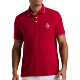 Red polo shirt with a penguin logo on the chest, featuring contrasting white stripe details on the collar and sleeves.