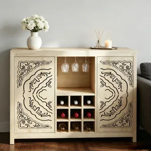 A wooden cabinet features intricate carved panels, a central wine rack with bottles, and holders for hanging glasses. It is topped with a white vase of flowers and a lit candle on a tray.