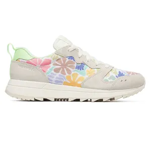 Colorful floral-patterned sneaker with white laces, beige accents, and a green heel tab.