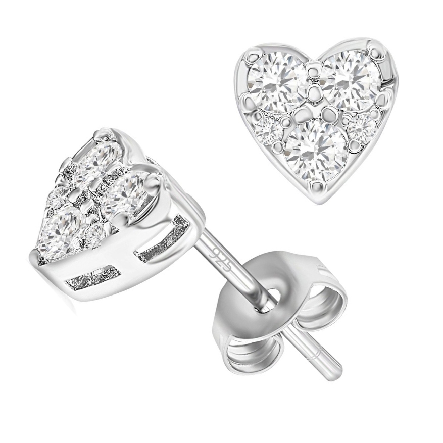 Heart-shaped silver stud earrings with multiple inset cubic zirconia stones.