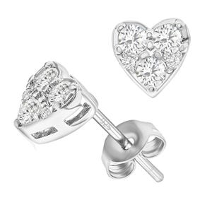 Heart-shaped silver stud earrings with multiple inset cubic zirconia stones.