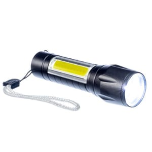 A compact black pocket flashlight with a wrist strap features a bright LED light and a side COB strip for versatile illumination, suitable for various uses.