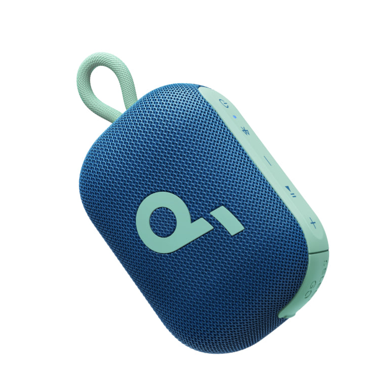A portable Bluetooth speaker in blue with a green carabiner loop and control buttons, featuring a mesh design.