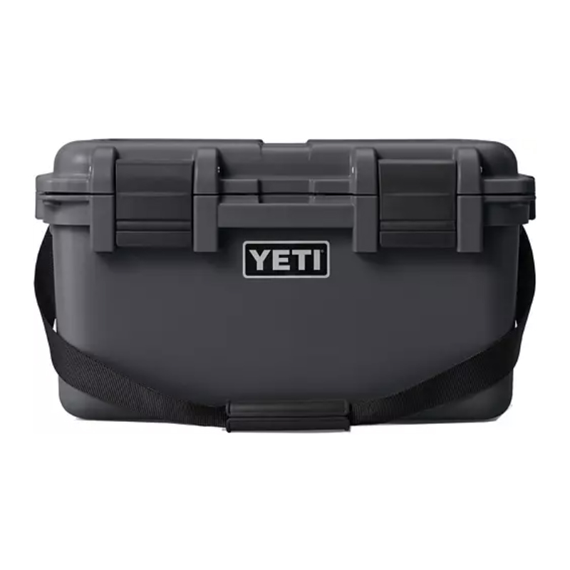 The Yeti LoadOut GoBox is a durable, waterproof storage box with a secure latch system and a shoulder strap for easy carrying, ideal for organizing and protecting gear.