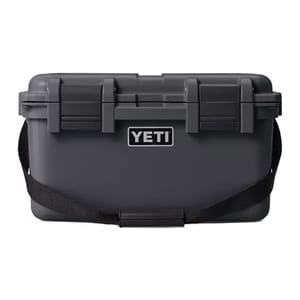 The Yeti LoadOut GoBox is a durable, waterproof storage box with a secure latch system and a shoulder strap for easy carrying, ideal for organizing and protecting gear.