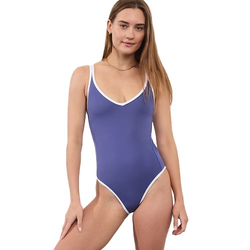 A purple one-piece swimsuit with white trim detailing, featuring a v-neckline and medium straps.