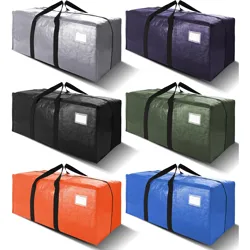 Six large storage bags in different colors (gray, navy, black, green, orange, blue) with handles and a label slot.