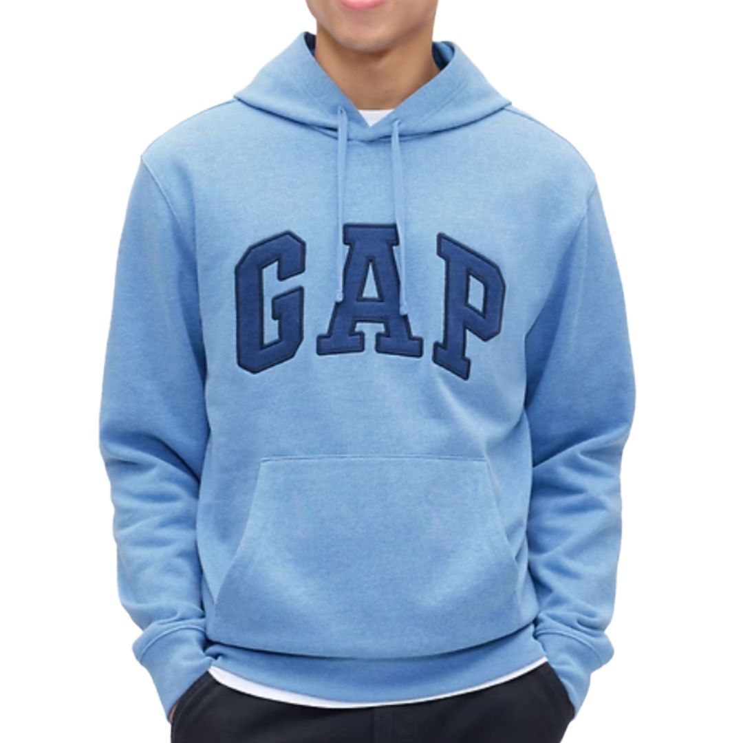 A light blue hoodie featuring the \“GAP\“ logo in large, dark blue letters on the front, with a drawstring hood and a front pocket.