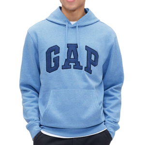 A light blue hoodie featuring the \“GAP\“ logo in large, dark blue letters on the front, with a drawstring hood and a front pocket.