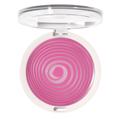 A compact case containing pink circular-striped makeup, possibly a blush or highlighter, with a clear lid.