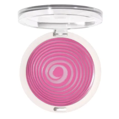 A compact case containing pink circular-striped makeup, possibly a blush or highlighter, with a clear lid.