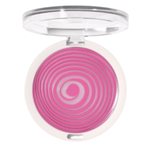 A compact case containing pink circular-striped makeup, possibly a blush or highlighter, with a clear lid.