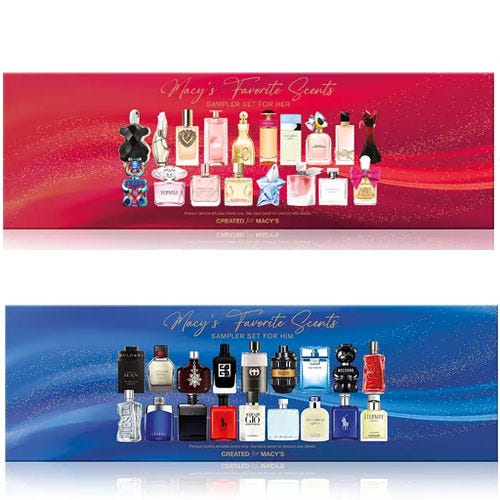 a red box of mini fragrances above a blue box of mini fragrances