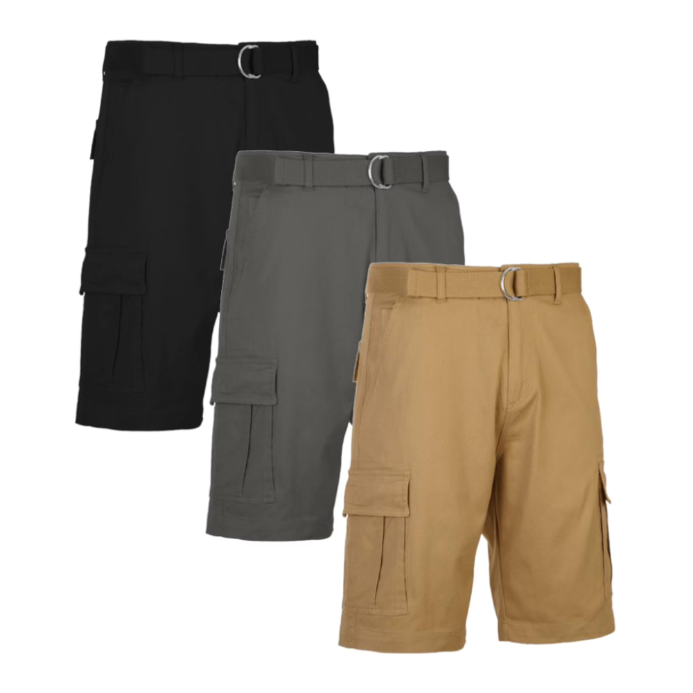 Three pairs of cargo shorts in black, gray, and khaki colors, each featuring side pockets and a belt with a D-ring buckle.