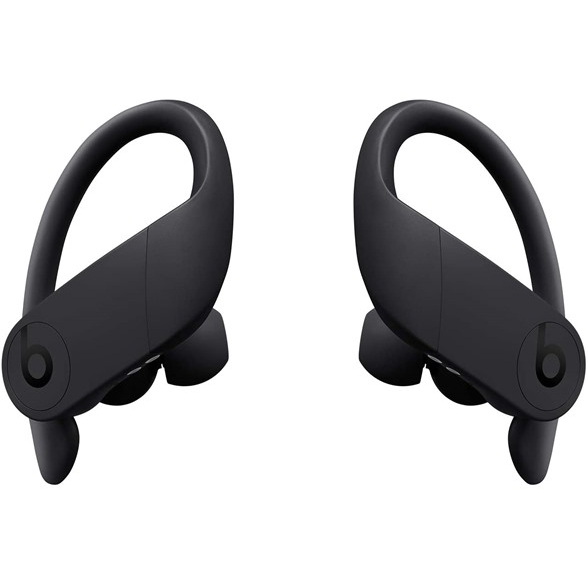Wireless earbuds with ear hooks, featuring the Beats logo, designed for a secure fit during physical activities.