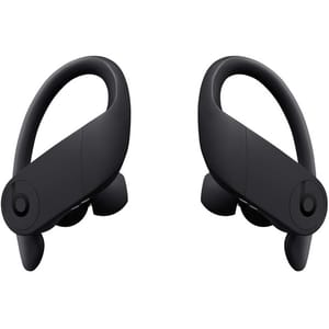 Wireless earbuds with ear hooks, featuring the Beats logo, designed for a secure fit during physical activities.