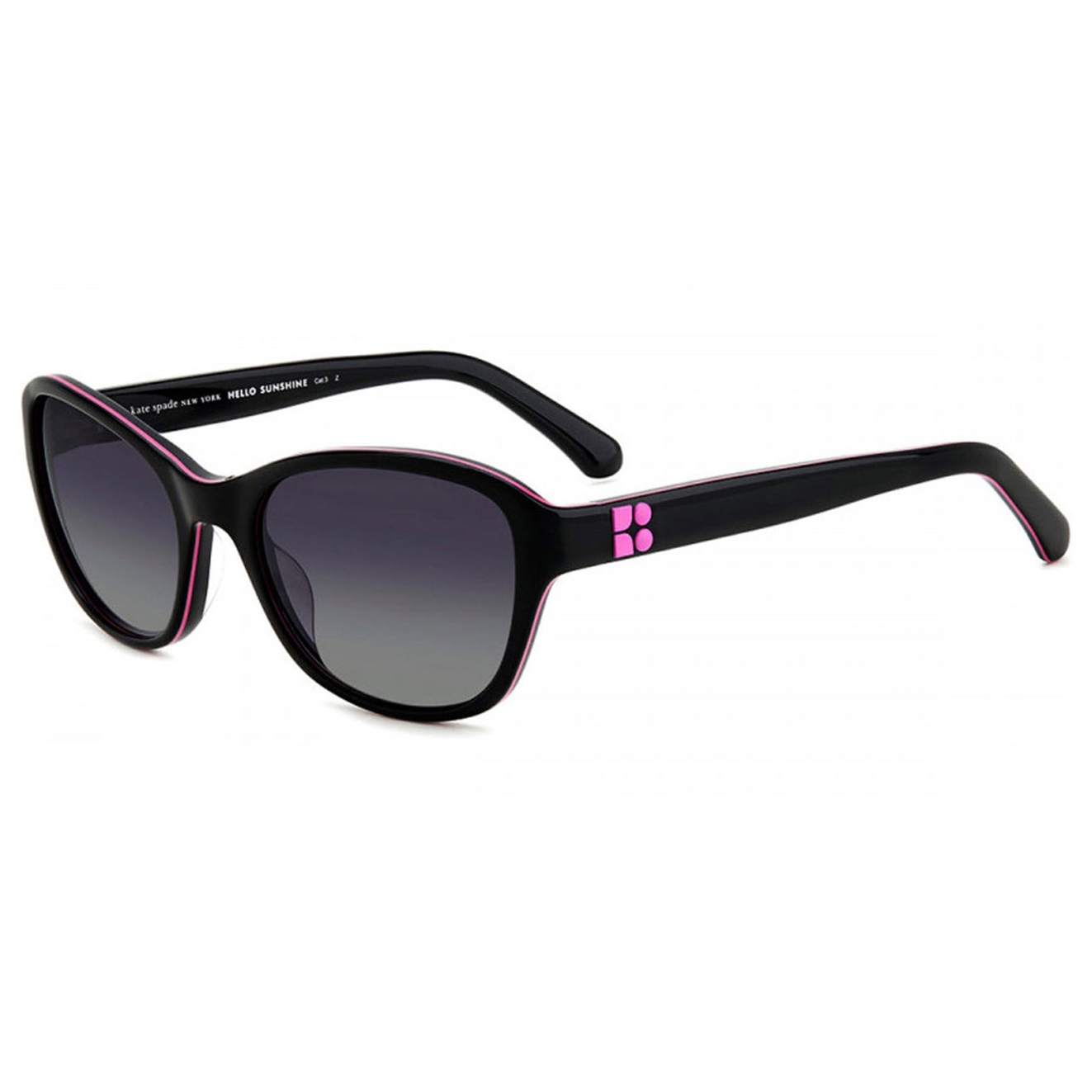 Black sunglasses with gradient lenses, featuring pink accents and a pink logo on the temples.