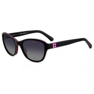 Black sunglasses with gradient lenses, featuring pink accents and a pink logo on the temples.