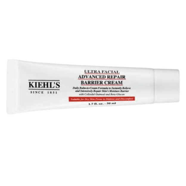 A 50 ml tube of Kiehl's Ultra Facial Advanced Repair Barrier Cream, designed for dry skin to relieve and repair the skin's moisture barrier with colloidal oatmeal and beta-glucan.