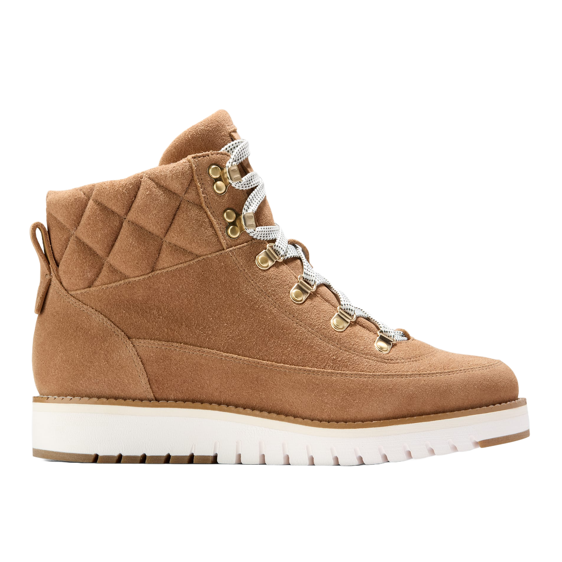 Cole Haan Waterproof Hiking Boots in a light brown suede feature a quilted ankle design, metal eyelets, white and brown lug soles, and white laces, offering durability and style for outdoor activities.