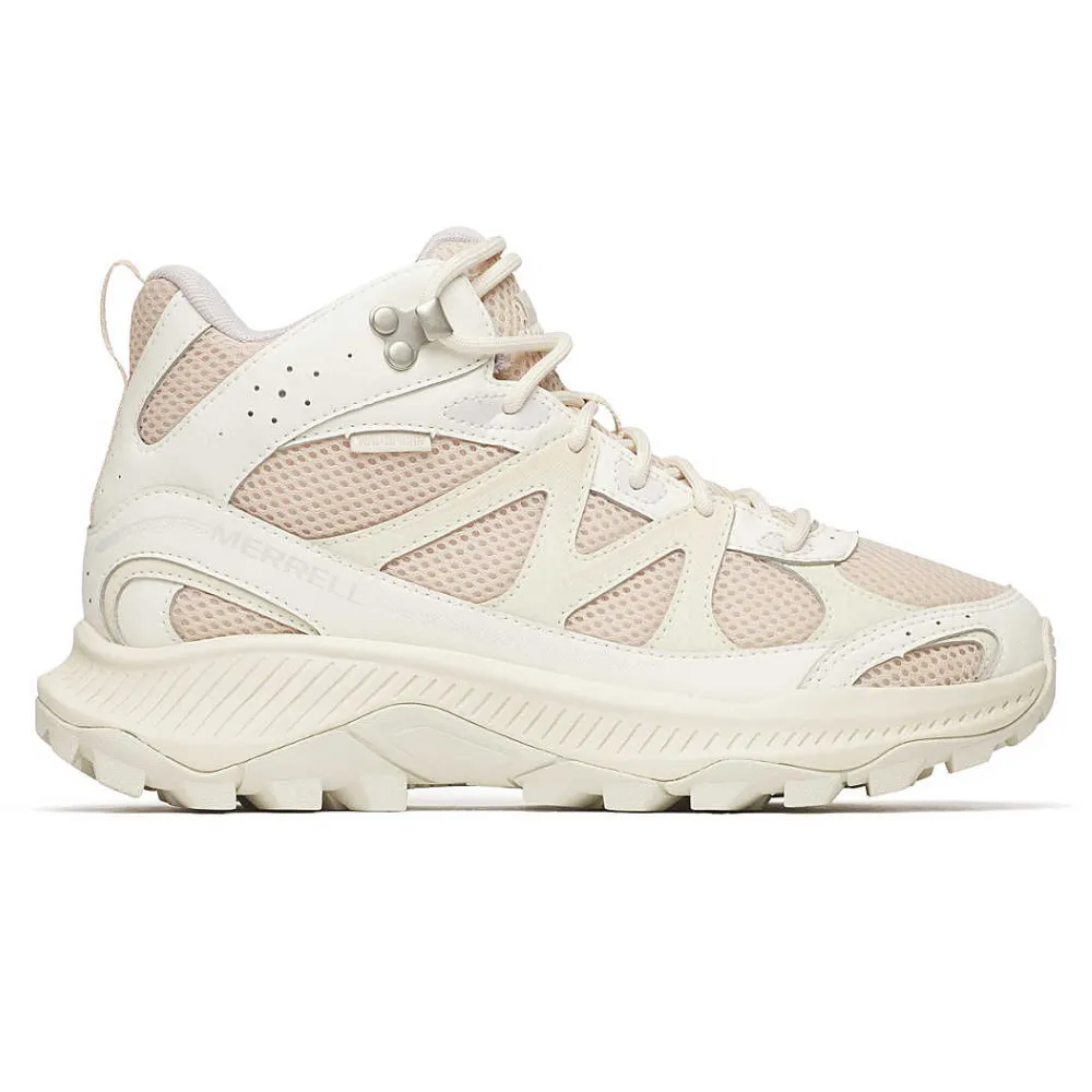 Merrell hiking boot in beige with mesh ventilation, reinforced toe, high ankle support, and a rugged sole for traction.