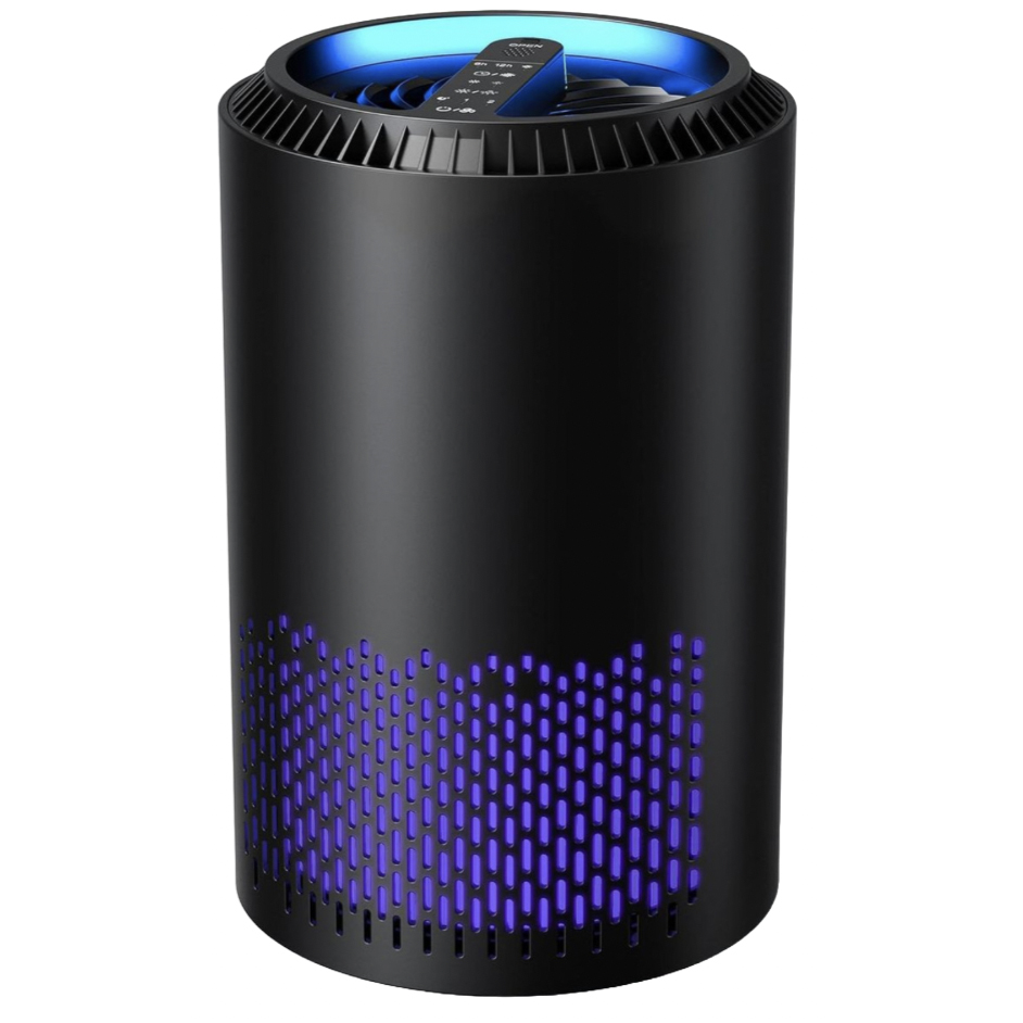 A cylindrical black portable air purifier with a blue light feature, featuring a perforated grid pattern near the base and controls on the top surface.