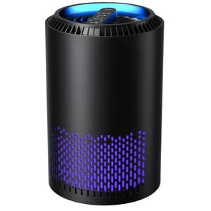 A cylindrical black portable air purifier with a blue light feature, featuring a perforated grid pattern near the base and controls on the top surface.
