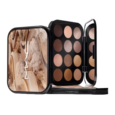 MAC Connect in Color Eye Shadow Palette features 12 neutral shades in matte and shimmer finishes, housed in a compact with a nature-themed design.