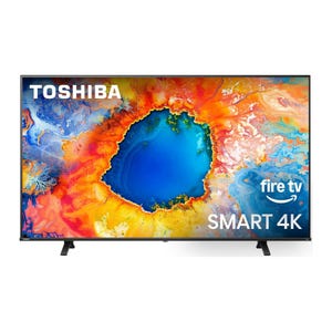 Toshiba 85\“ Smart 4K Fire TV features a vibrant display with an integrated Amazon Fire TV interface, showcasing colorful graphics and the Toshiba logo.