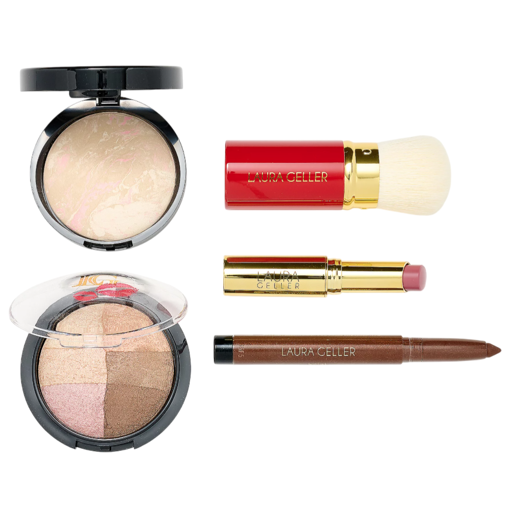 A collection of Laura Geller makeup items including a compact with powder, an eyeshadow palette, a red and gold retractable brush, a gold lip product, and a brown eyeliner pencil.