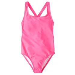 A bright pink one-piece swimsuit with crossover straps at the back.