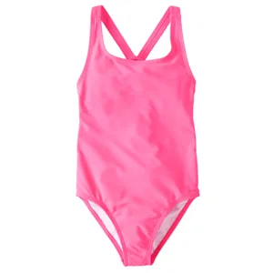 A bright pink one-piece swimsuit with crossover straps at the back.