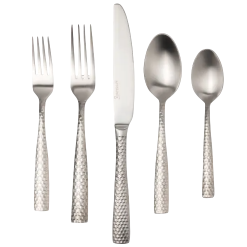 A five-piece stainless steel cutlery set with a textured design, including two forks, one knife, and two spoons of different sizes.