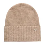 A beige knit beanie with a folded brim featuring a small circular logo, likely made from soft material for warmth.