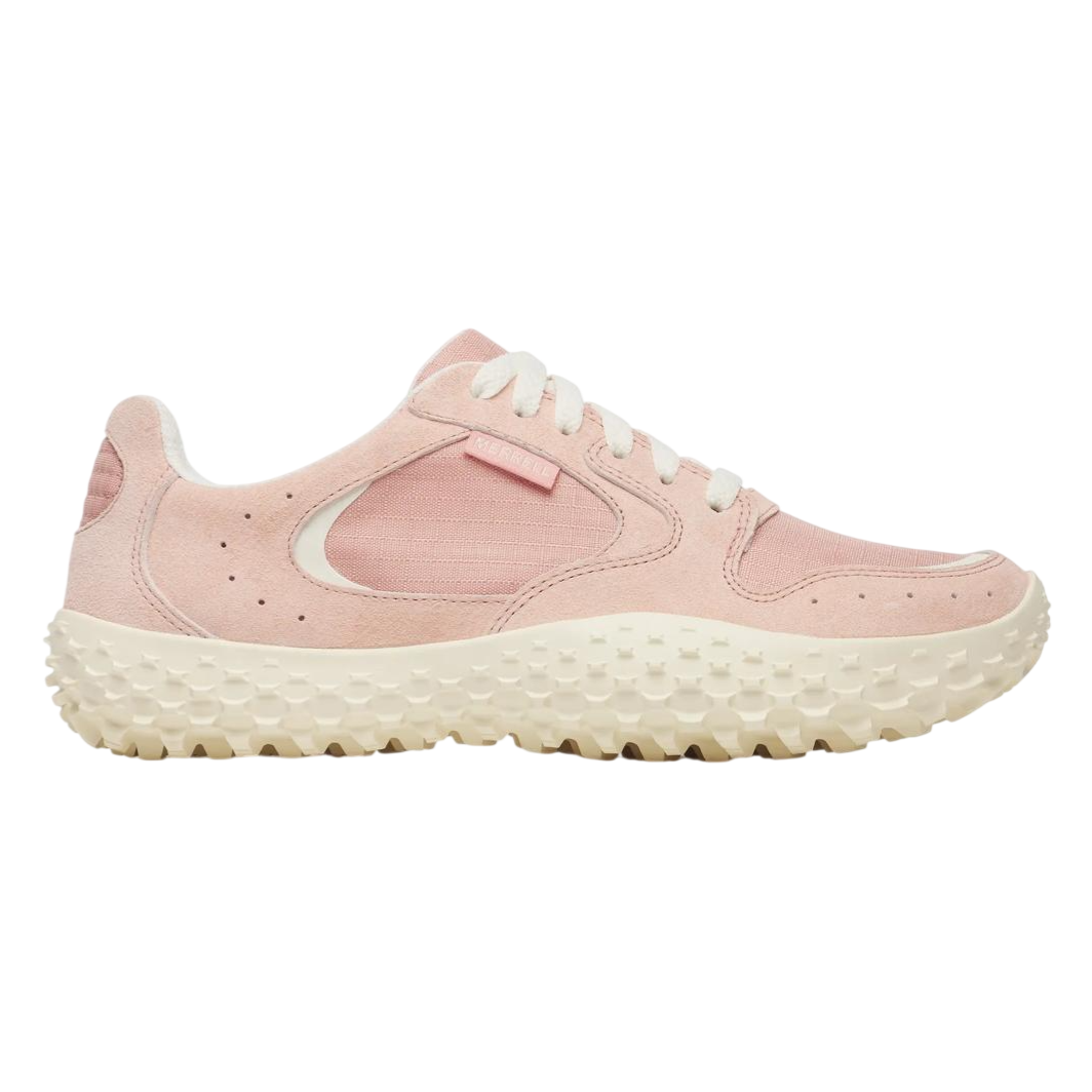 A pink sneaker with a textured, cream-colored sole and white laces, featuring a suede and mesh design.